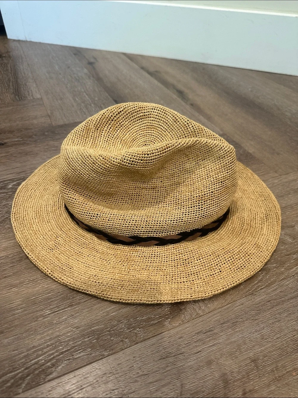 Anthropologie packable Straw Sun Hat with Braided Band - Natural Tan